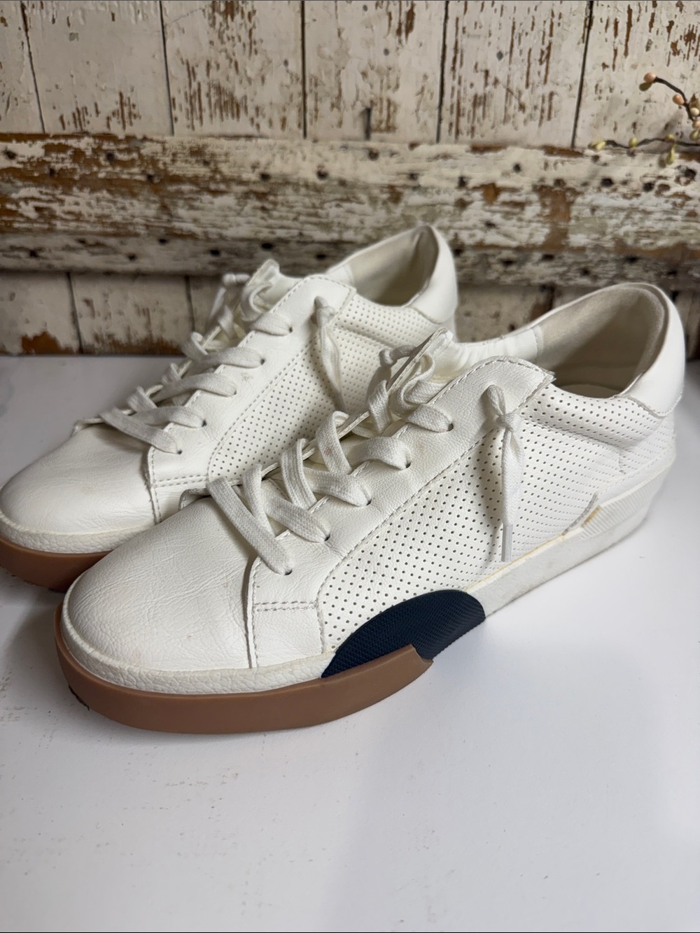 DV by Dolce Vita White Leather Sneakers with Gum Sole and Black Accent
